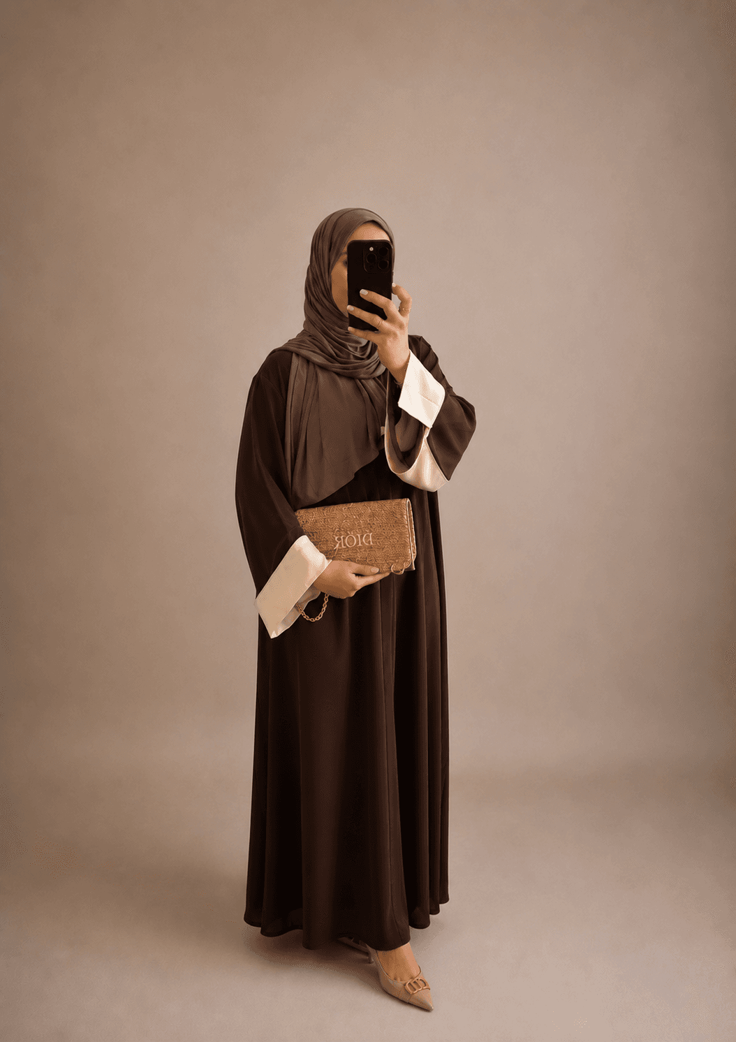Abaya bicolore marron et manches crème