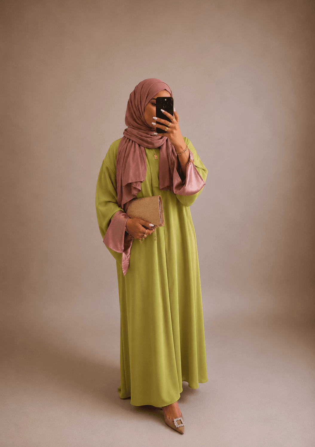 Abaya zweifarbig Pistazie und Rosa