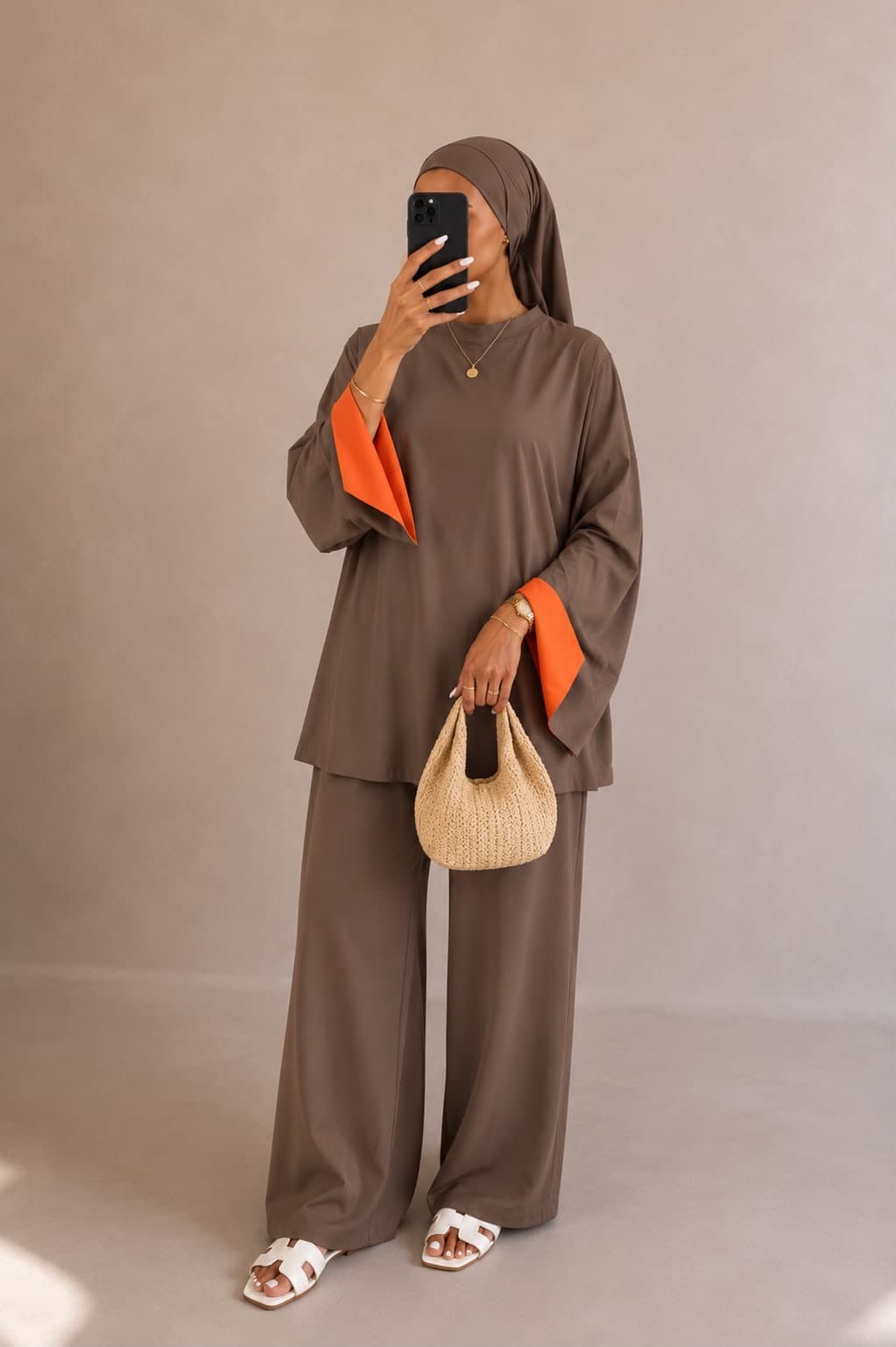 Burkini bicolore Taupe foncé-orange