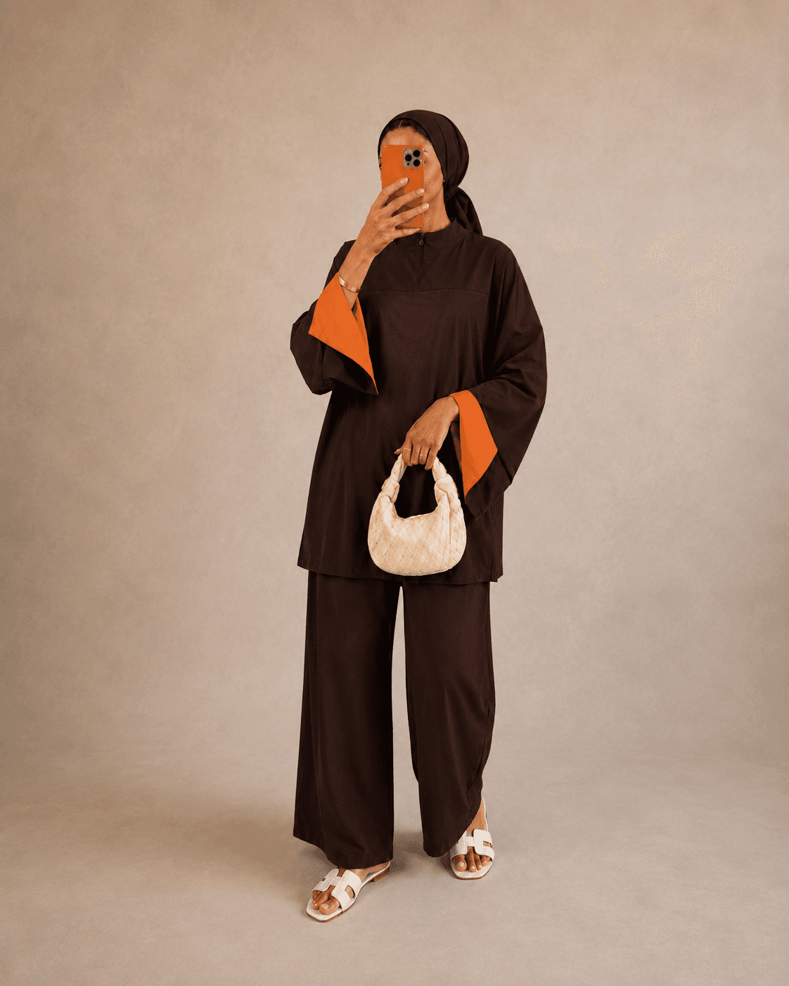 Burkini bicolore Marron-orange à zip avec turban
