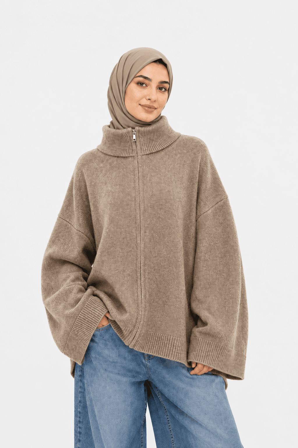 Gilet en maille avec fermeture Taupe